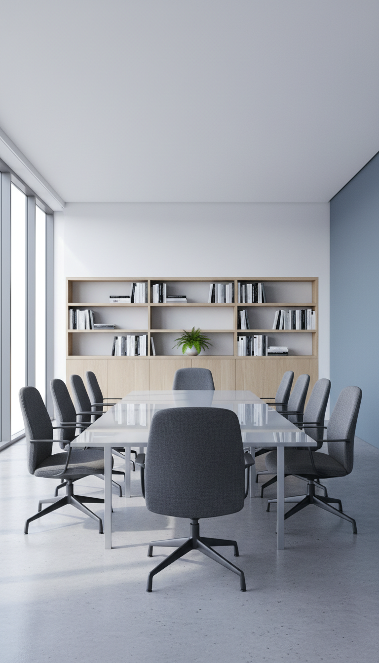 A sleek, glass-topped conference table with a subtle matte-metal frame, arranged in a minimalist office setting with balanced spacing and uncluttered surfaces. The table sits atop a smooth, light-grey concrete floor, surrounded by modern, high-backed chairs upholstered in textured slate fabric. Clean lines and neutral color tones dominate the room, with built-in shelves of tasteful marketing books and a small potted fern as accents. Soft, diffuse daylight enters from expansive ceiling-height windows, casting gentle shadows and highlighting the surfaces without glare. The mood is composed, professional, and focused, captured from an eye-level perspective using a centered, structured composition with sharp detail throughout. The photographic realism and clean corporate aesthetic reinforce trust and competence for a strategic marketing agency.