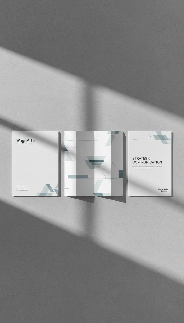 A carefully arranged set of branded print marketing materials—an elegant glossy trifold brochure, a matte-coated flyer, and a sturdy letterhead sheet—all featuring refined, understated typography in charcoal on white with strategic accents of muted blues and grays. The materials are laid out on a softly textured concrete tabletop with precise, parallel alignment. Soft, diffused window light streams from the left, enhancing the tactile quality of each item and casting gentle, crisp-edged shadows. The composition is symmetrical and structured, shot from a directly overhead angle to highlight order and harmony, with every detail in sharp focus. The mood is calm, credible, and design-forward, reinforcing WagnArte Marketing’s expertise in premium, strategic communication.