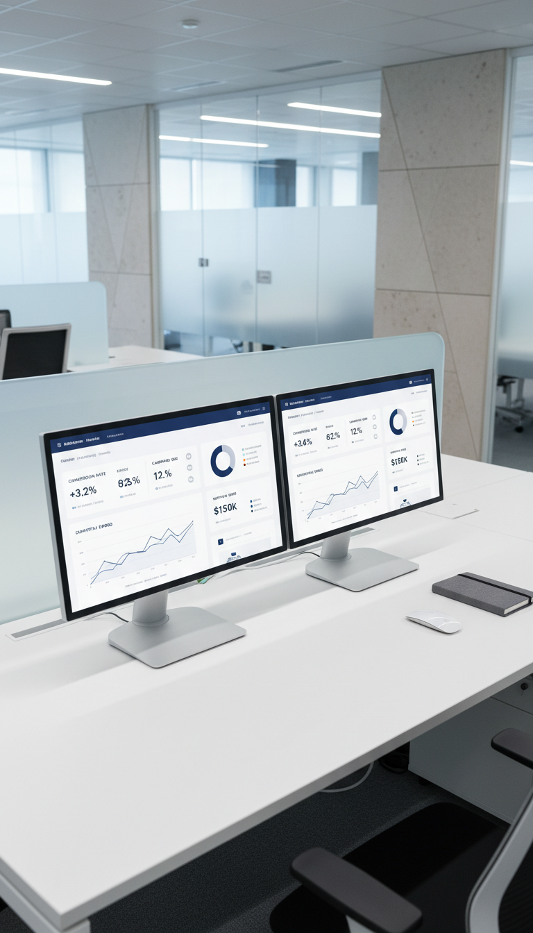 A streamlined workstation featuring dual slim-bezel monitors displaying clean, data-driven marketing dashboard interfaces with muted color palettes—soft grays, navy accents, and white background. The monitors rest on a pristine matte white desk, accented with a wireless mouse and a charcoal fabric-covered notebook. The setting is an open office with minimal glass dividers and subtle geometric wall panels in shades of light stone. Cool, consistent studio lighting brightens the space evenly, minimizing glare and maintaining clarity on the screens. The composition is presented from a slightly elevated angle, with balanced spacing and sharp detail, contributing to a sense of order, efficiency, and tech-forward strategy. Overall, the photographic, contemporary style communicates analytical precision and modern marketing expertise.