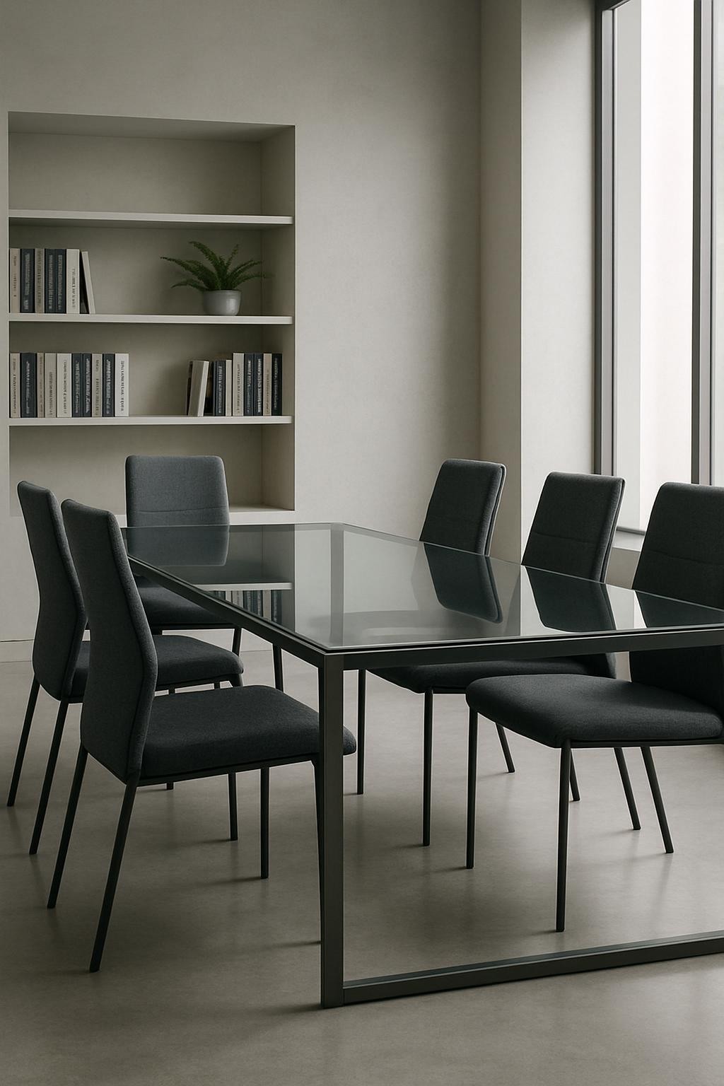 A sleek, glass-topped conference table with a subtle matte-metal frame, arranged in a minimalist office setting with balanced spacing and uncluttered surfaces. The table sits atop a smooth, light-grey concrete floor, surrounded by modern, high-backed chairs upholstered in textured slate fabric. Clean lines and neutral color tones dominate the room, with built-in shelves of tasteful marketing books and a small potted fern as accents. Soft, diffuse daylight enters from expansive ceiling-height windows, casting gentle shadows and highlighting the surfaces without glare. The mood is composed, professional, and focused, captured from an eye-level perspective using a centered, structured composition with sharp detail throughout. The photographic realism and clean corporate aesthetic reinforce trust and competence for a strategic marketing agency.